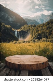 Natural Wood Table in Front of Tea Plantation Landscape - Empty Wooden Table with Tea Garden and Clear Sky Background - Wooden Round Table Against Blurry Tea Field and Sky