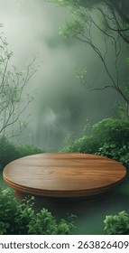 Natural Wood Table in Front of Tea Plantation Landscape - Empty Wooden Table with Tea Garden and Clear Sky Background - Wooden Round Table Against Blurry Tea Field and Sky