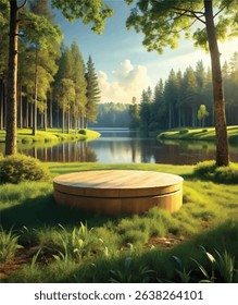 Natural Wood Table in Front of Tea Plantation Landscape - Empty Wooden Table with Tea Garden and Clear Sky Background - Wooden Round Table Against Blurry Tea Field and Sky