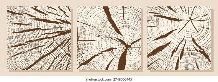 Natural wood texture in cross section. Tree growth rings, cracks, and chips. Vector illustration.