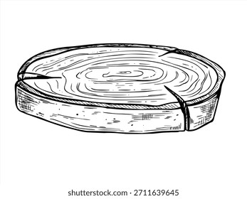 Vector de rebanada de árbol de madera natural aislado ilustración. Tronco de madera sección transversal línea arte negro boceto de tinta. Superficie texturizada con grietas monocromáticas para el embalaje de productos de spa y bienestar.
