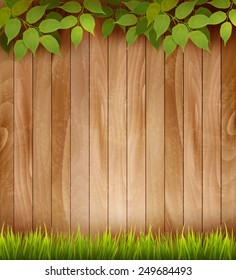 Natural wooden background with leaves and grass. Vector.