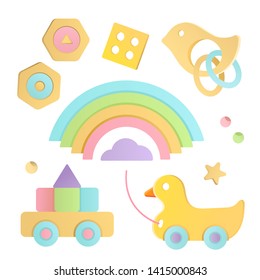 Natural wooden eco toys for babies and toddlers made as cute and simple vector illustrations