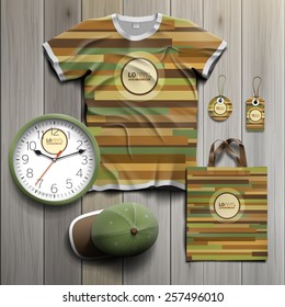 Natural wooden promotional souvenirs design for corporate identity with bamboo pattern. Stationery set