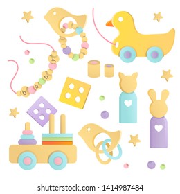 Natural wooden toys for babies made as gradient vector illustrations