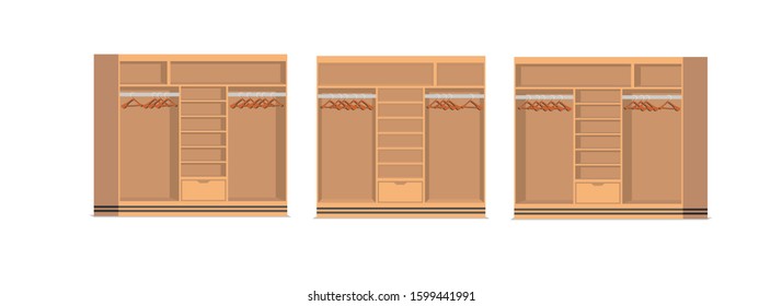 Natural wooden wardrobe and hanger on white background.