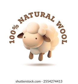 Natural wool. 3D minimalistic sheep. Emblem, sign, icon, logo for packaging concepts, design of quality natural wool products. Vector illustration.