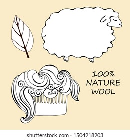 Natural Wool, vector illustration. comb with wavy hair. sheep's wool. leaf of a plant