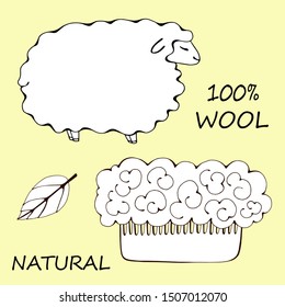 Natural Wool, vector illustration. comb with wavy hair. sheep's wool. leaf of a plant