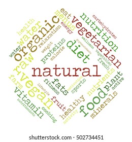 Natural word cloud, white background, healthy lifestyle concept.