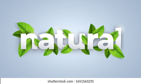 Natural word title lettering. Green eco style letters in realistic leaves. Vector writing for advertise bio, health or vegan product and market.