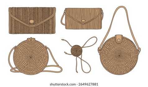 Sacos de palha tecidos naturais e embreagens para elegância diária e estilo de férias de praia
