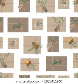 Natural wrapped gifts vector seamless pattern. Christmas presents in brown wrapping paper and natural decorations. Isolated.