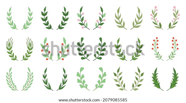 Natural wreath leafy object winner green flat set.\
Plant pattern award success. Heraldic vintage badge frame. Spring\
summer invitation card element. Circular shape of achievement\
isolated on white