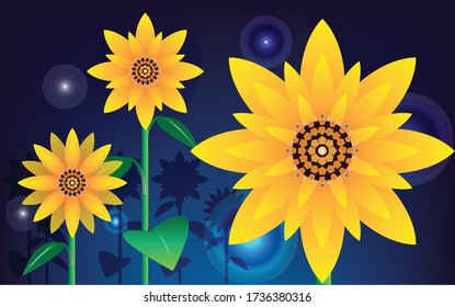 Natural yellow sunflower at night
