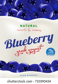 Natural Yogurt ads or packaging design. Illustration of zero fat healthy dairy product with blueberry berries and flavor