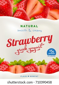 Natural Yogurt ads or packaging design. Illustration of zero fat healthy dairy product with sliced strawberry and flavor