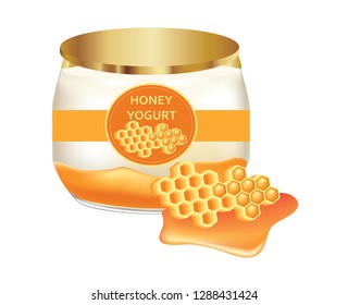 Natural yogurt with golden honey on white background