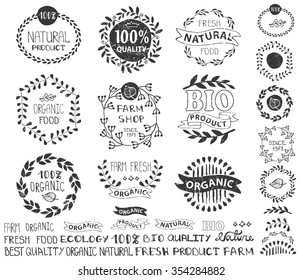Natural,bio,eco logotype creator.Vector ecology logo,badges, labels set,ribbons,isolated elements,laurel wreath,frames,lettering titles.Floral Organic design template,menu.Hand drawing stamps