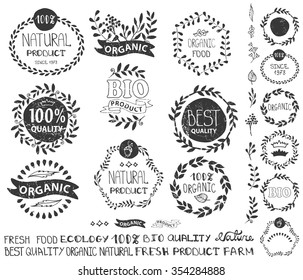 Natural,bio,eco logotype creator.Vector green ecology logo,badge,labels,sticker set,ribbons,isolated elements,laurel wreath,frame,lettering title.Floral Organic design template,menu.Hand drawing stamp