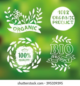 Natural,bio,eco logotype creator.Vector green,ecology logo,badges, labels set,ribbons,isolated elements,laurel wreath,frames,lettering titles.Floral Organic design template,menu.Hand drawing stamps