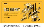 Natural-gas and energy supply company isometric vector web banner or landing page template with cargo trucks carrying liquefied gas in tank from processing plant or LNG terminal line art illustration.