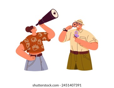 Naturalist watching for insects, butterfly with magnifier, magnifying glass. Scientists explore, discover nature. Curious woman looks up through spyglass. Flat isolated vector illustration on white