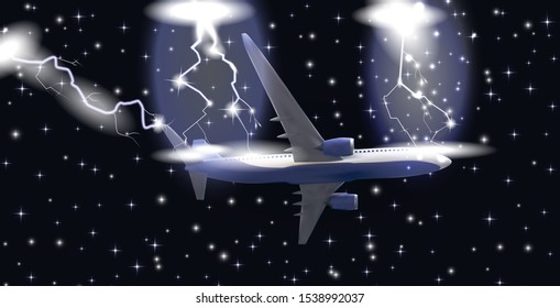 Naturalistic flying airliner hits lightning on a transparent background. Side view from below. Vector illustration. EPS10