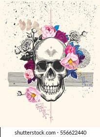 Naturalistic human skull drawn in etching style and surrounded by rose flowers with black ink spatter and lines on background. Trendy vector illustration for postcard, flyer, t-shirt print, poster.