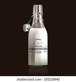 Naturalistic mock up. Elite glass milk bottle with cork. Package for drink with design label.