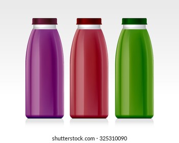 Naturalistic plastic, glass bottle of juice, jam, milk, sugar water, tea. Mock up packing with design label or badges. Strawberries, blackberries, kiwi