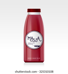 Naturalistic plastic, glass bottle of juice, jam, milk, sugar water, tea. Mock up packing with design label or badges. Strawberries, blackberries.