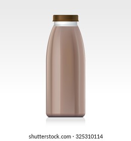 Naturalistic plastic, glass bottle of juice, jam, milk, sugar water, tea. Mock up packing with design label or badges. Chocolate milk.