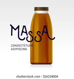 Naturalistic plastic, glass bottle of juice, jam, milk, sugar water, tea. Mock up packing with design label or badges. 