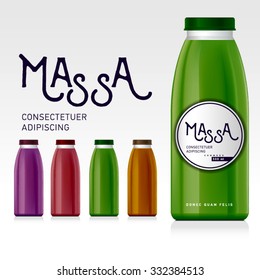 Naturalistic plastic, glass bottle of juice, jam, milk, sugar water, tea. Mock up packing with design label or badges. 