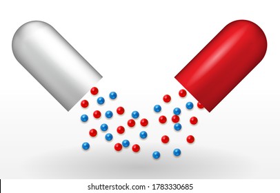 Naturalistic red and white capsule. Cure for diseases. Vaccine in pill. Vector Illustration. EPS10