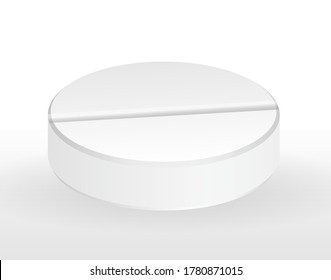 Naturalistic round white tablet. Flu medicine, disease vaccine. Vector Illustration. EPS10