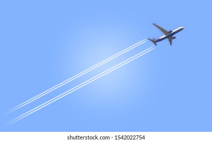 Naturalistic view of an airplane flying in the sky above planet Earth. Vector Illustration.