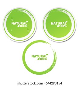 Naturally 100 percent. A set of green stickers in 3d style. Flowing drops of water. Natural product. Grunge style. Ecological label. Vector illustration. EPS 10