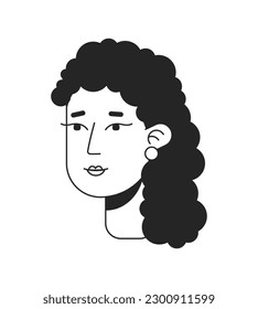 Naturally curly haired pretty woman monochrome flat linear character head. Lady wearing earrings. Editable outline hand drawn human face icon. 2D cartoon spot vector avatar illustration for animation