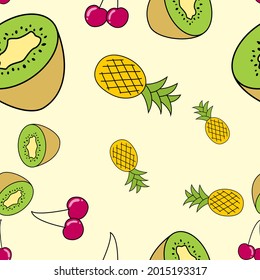 Naturally Drawn Fruits Seamless Pattern Cute Background. Vector Illustration EPS10