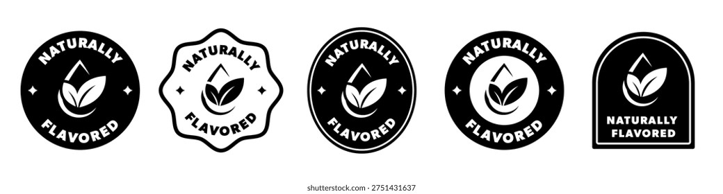 Naturally Flavored label collection with drop and leaf icon. Vector isolated on white.