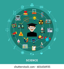 Natural-science educational concept on circular diagram, blue background, flat vector illustration 