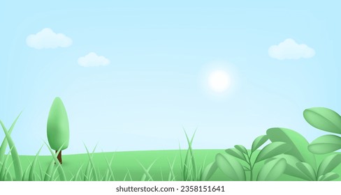 NATURE 3D background with plants and leaves, sun and clouds in sunny day - backdrop for greeting cards, posters, banners or placards vector illustration.