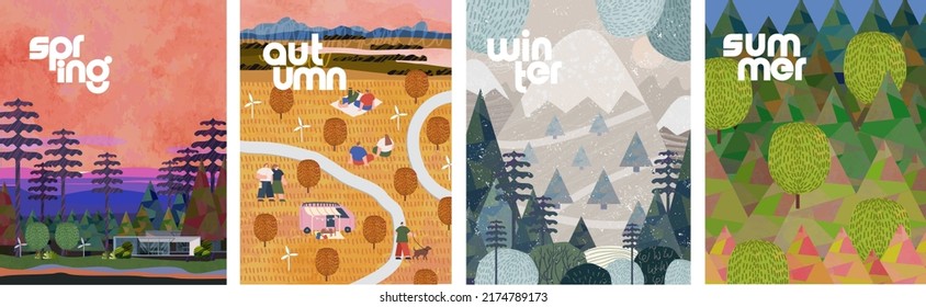 nature. 4 seasons: spring, summer, winter, autumn. Vector illustrations of trees, evening sunset in the village, forest and park with people for poster, card or background