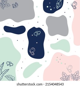Nature Abstract Bliss - Enchanting hand-drawn vector illustration featuring leaves and flying butterflies. A pastel-colored, captivating background perfect for creating serene and nature-inspired