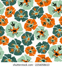 Nature, abstract forest plants, shapes.  Seamless pattern in green, orange colors. Hand drawn, vector