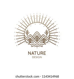 Nature abstract logo of mountains, trees, river and sun. Vector round icon of landscape. Linear simple emblem for travel, alternative medicine, ecology concept, holistic, spa, health, yoga Center.