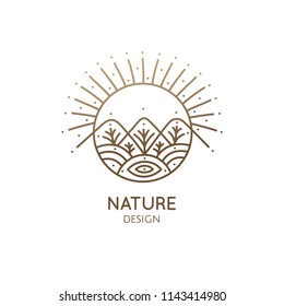 Nature abstract logo of mountains, trees, river and sun. Vector round icon of landscape. Linear simple emblem for travel, alternative medicine, ecology concept, holistic, spa, health, yoga Center.