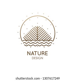 Nature abstract logo of sun, tree, river. Vector ornamental icon of landscape. Linear round emblem, badge for a travel, alternative medicine and ecology concept, holistic, spa, health and yoga Center.